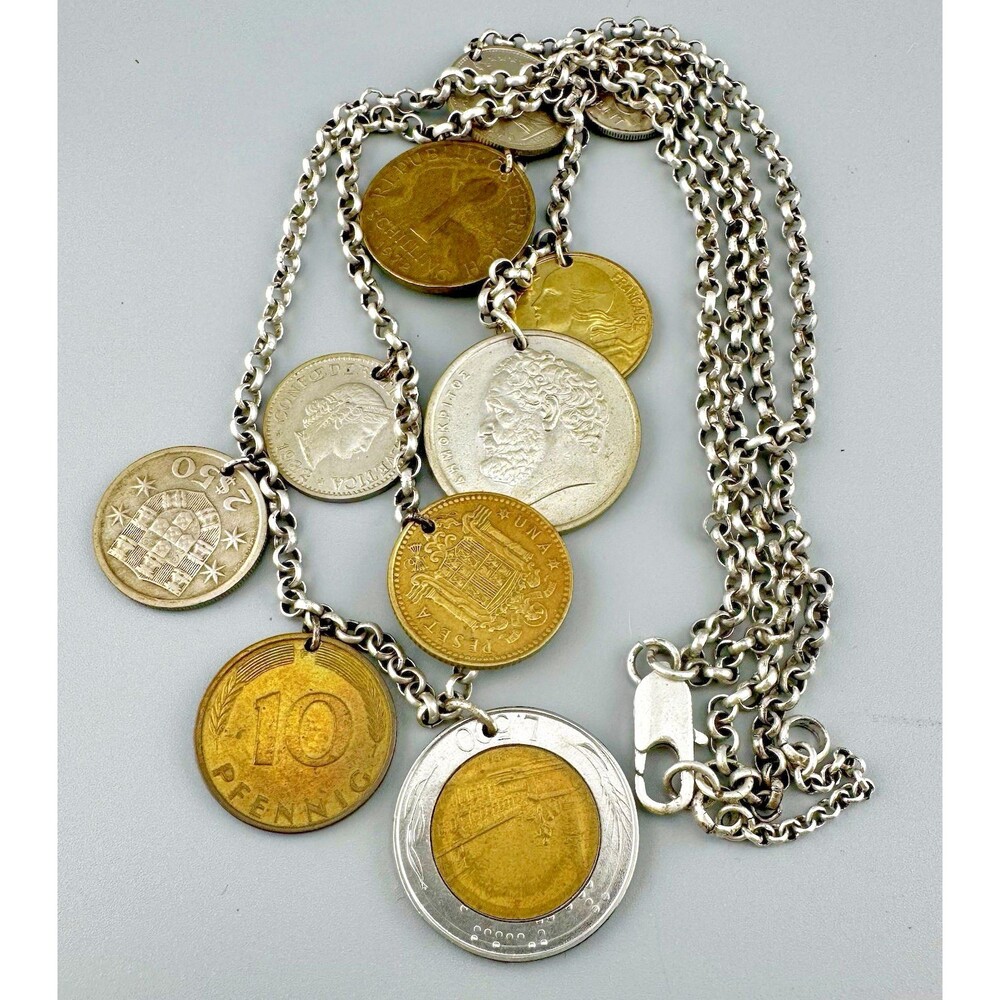 Vintage World Coin Charm Necklace Double Strand European Boho Statement